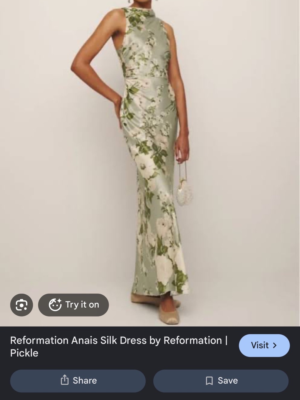 Reformation Floral High-Neck Silk Maxi Dress in Sage and Cream